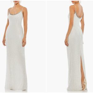 MAC DUGGAL LATTICE BEADED SPAGHETTI STRAP WHITE GOLUMN GOWN sz 2